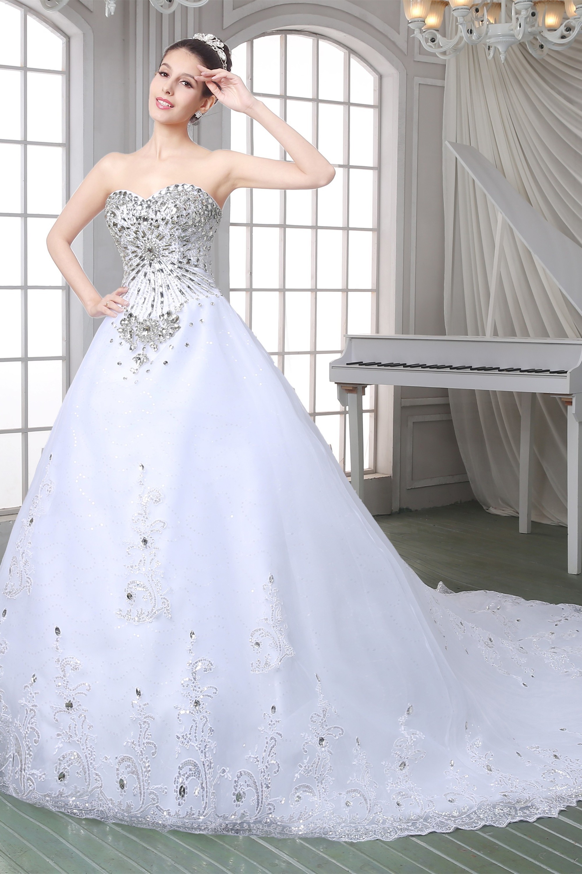 Gorgeous Ball Gown Strapless Corset Back Tulle Lace Crystal Beaded Wedding Dress With Long Train