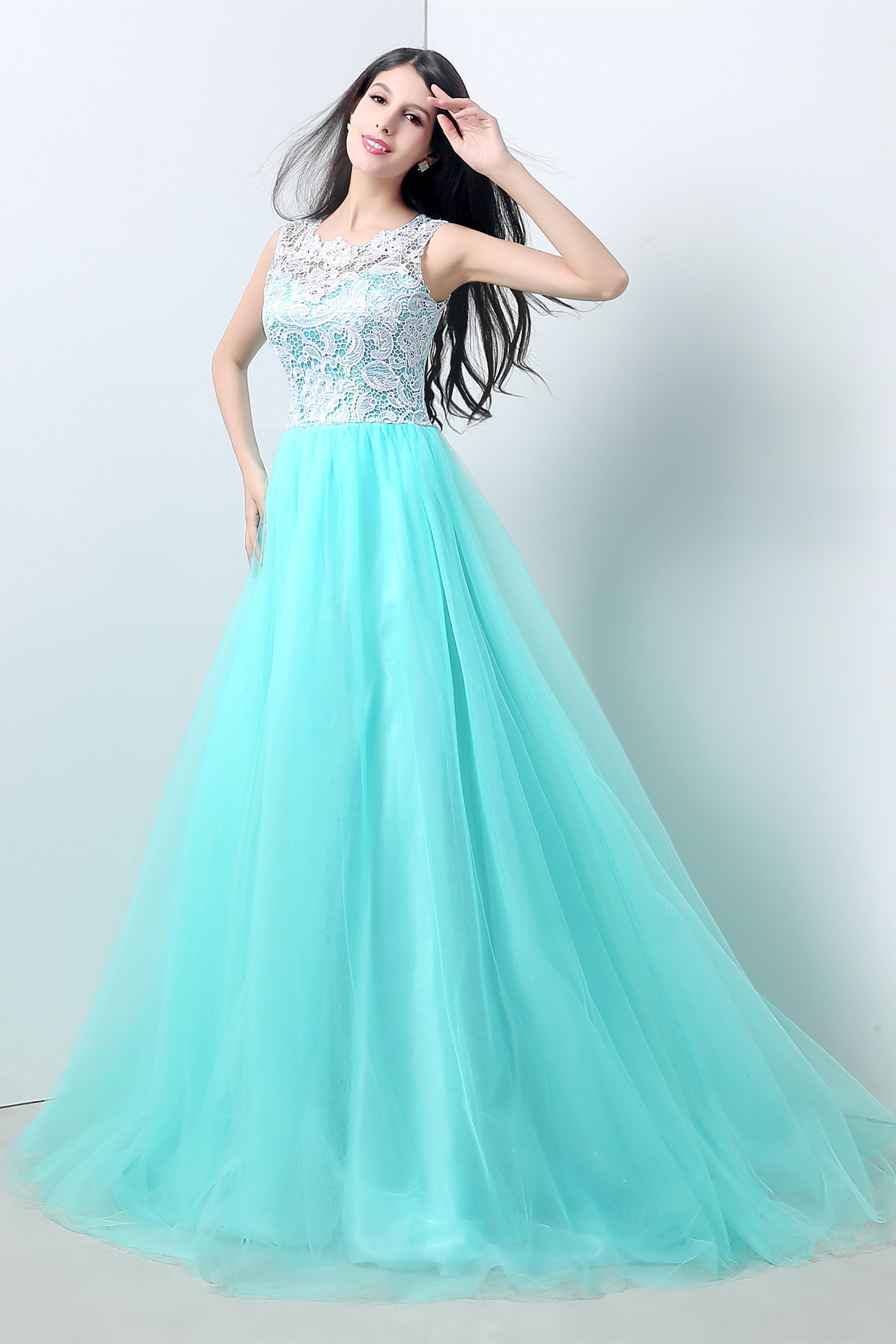Stunning A Line Mint Green Tulle White Lace Prom Dress With Ons
