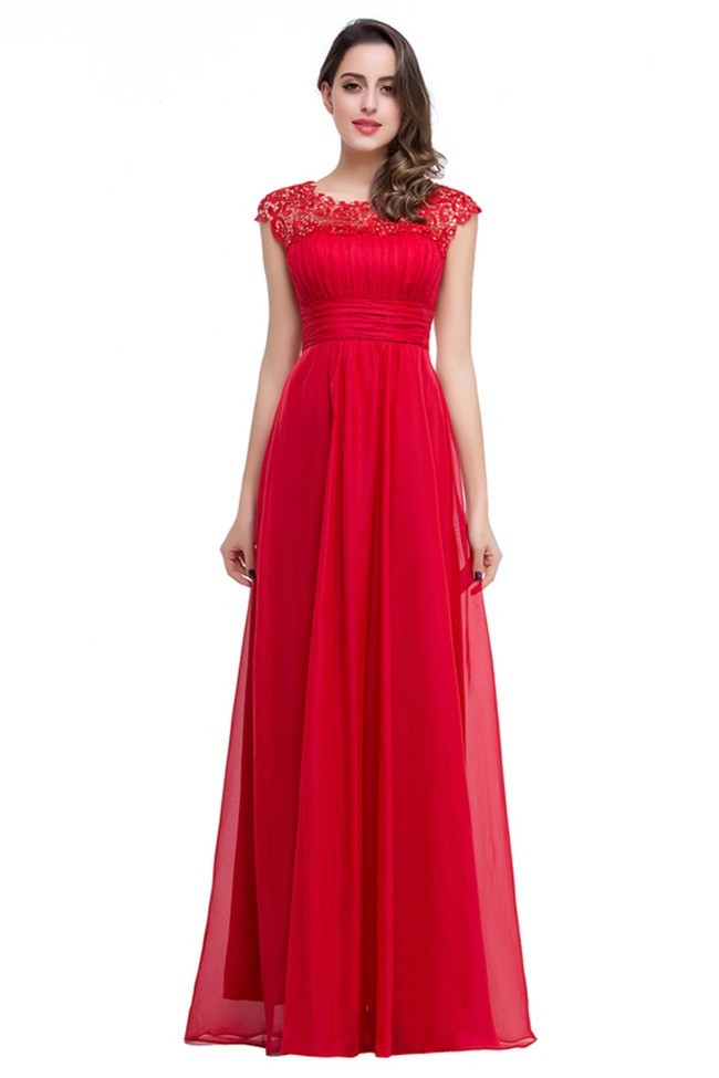 A Line Cap Sleeve Open Back Long Red Lace Chiffon Prom Dress