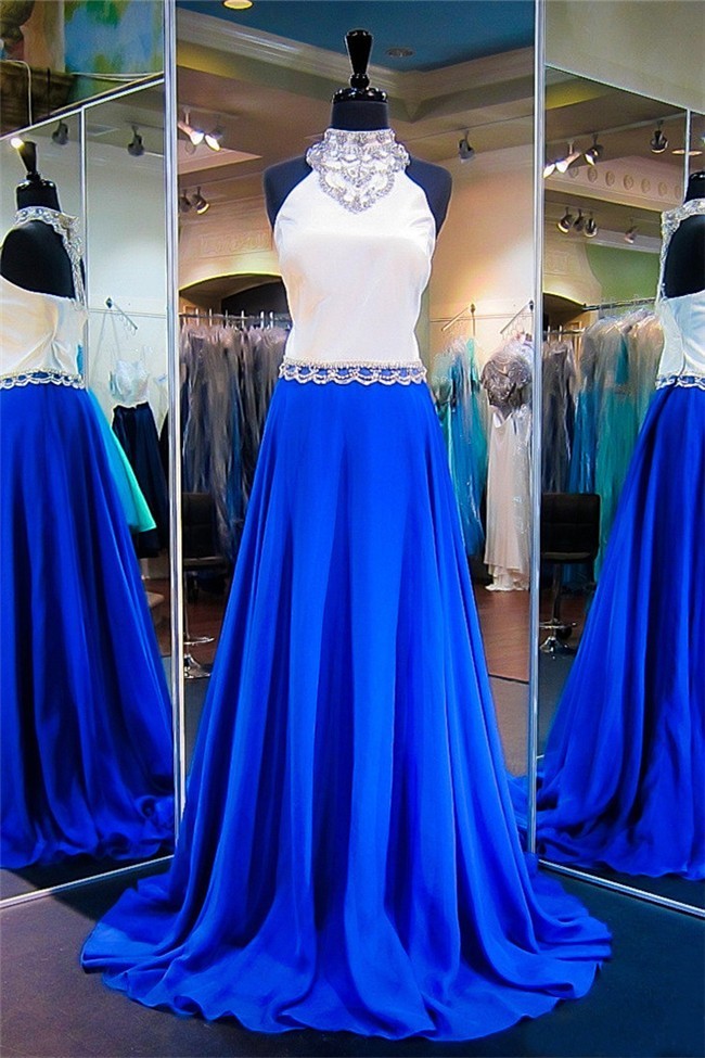 A Line High Neck Royal Blue And White Chiffon Beaded Prom Dress