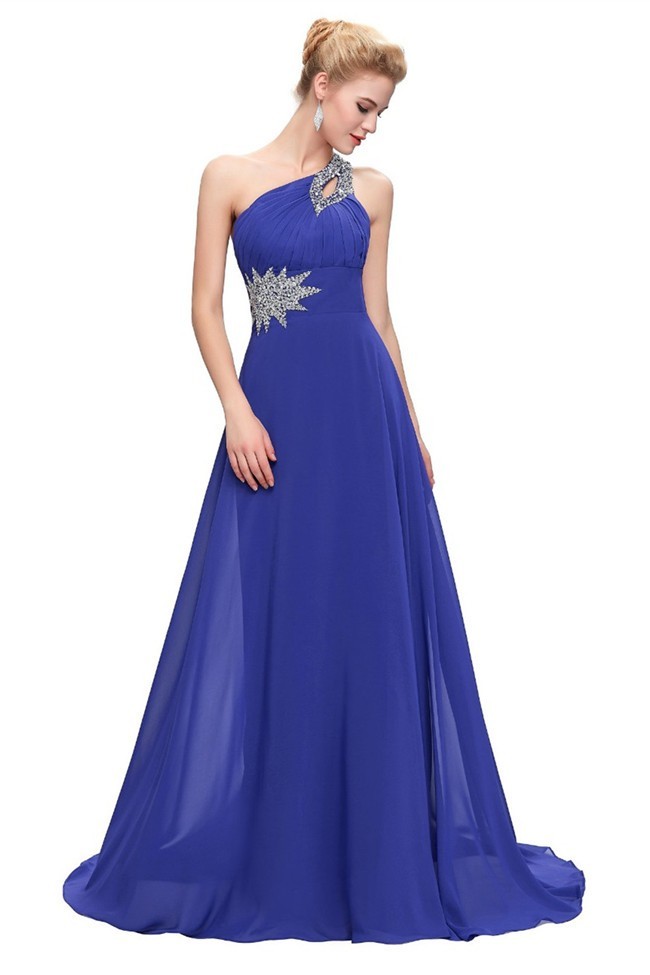 Royal Blue One Shoulder Chiffon Dress