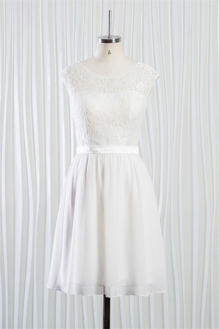 A Line Round Neck V Back Short Lace Chiffon Beach Wedding Dress With