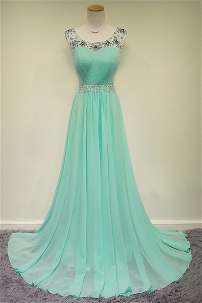 A Line Scoop Neck V Back Long Mint Green Chiffon Beaded Prom Dress