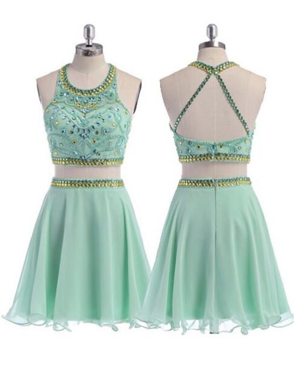 A Line Short Mint Green Chiffon Beaded Two Piece Prom Dress