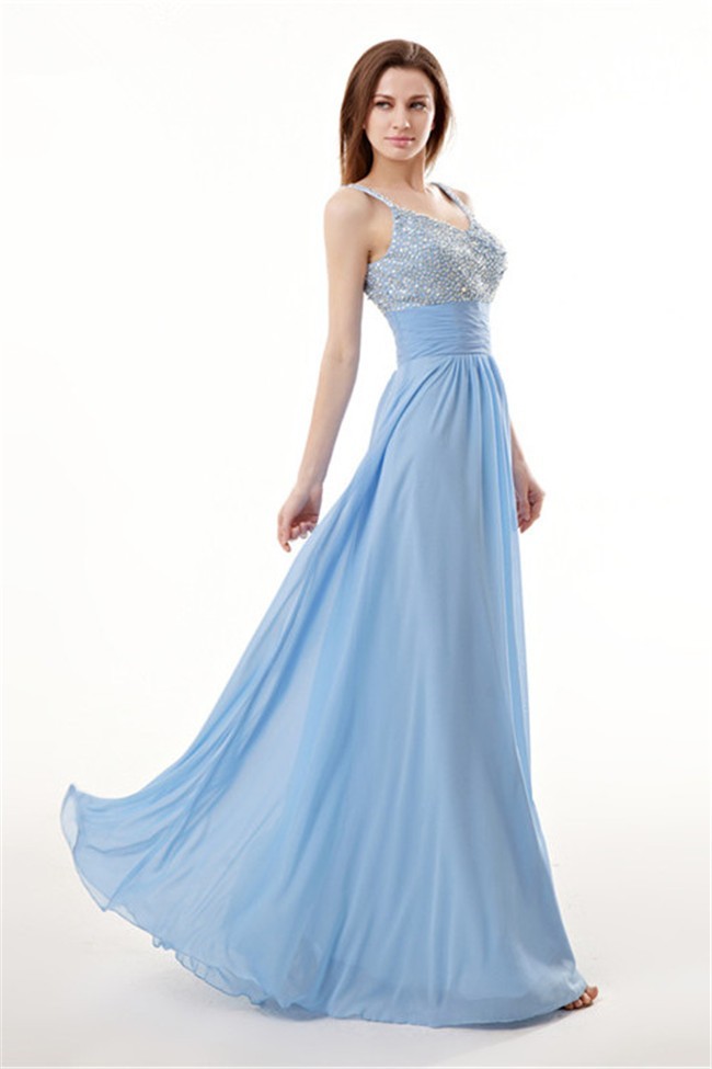 Allure Sweetheart Long Light Sky Blue Chiffon Beaded Prom Dress With Straps