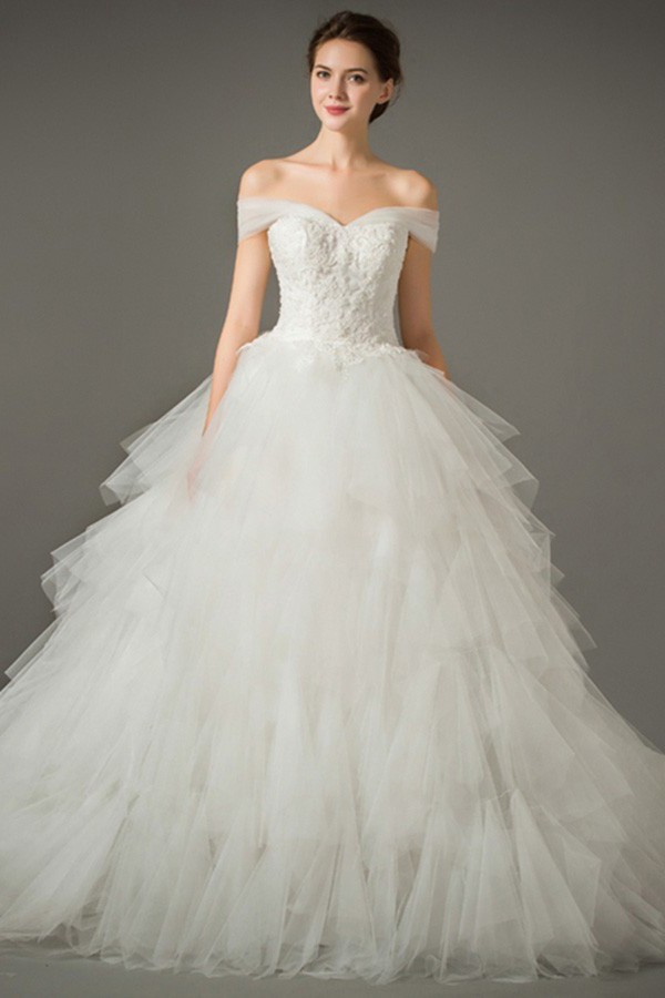 Ball Gown Off The Shoulder Tulle Ruffle Layered Wedding