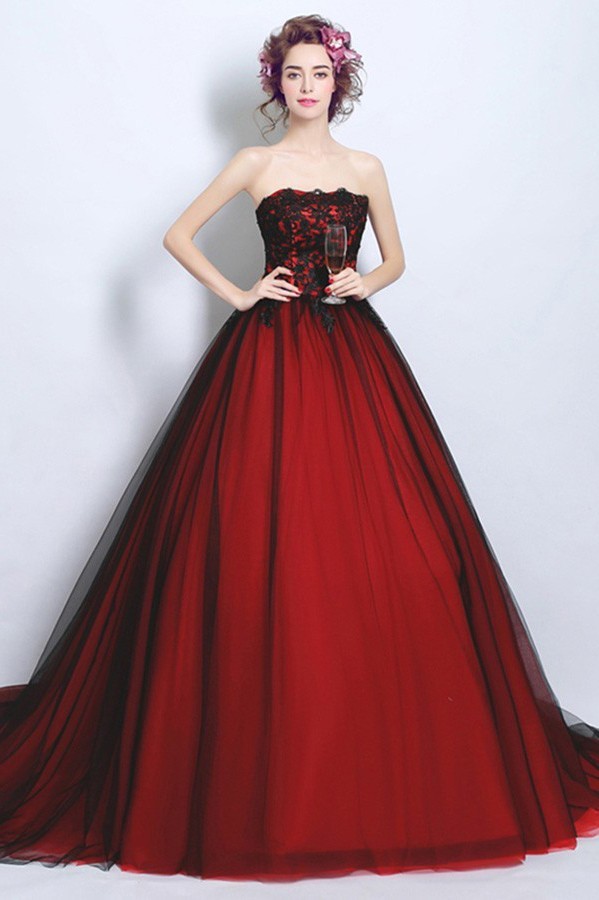 Ball Gown Strapless Tulle Lace Black And Red Gothic