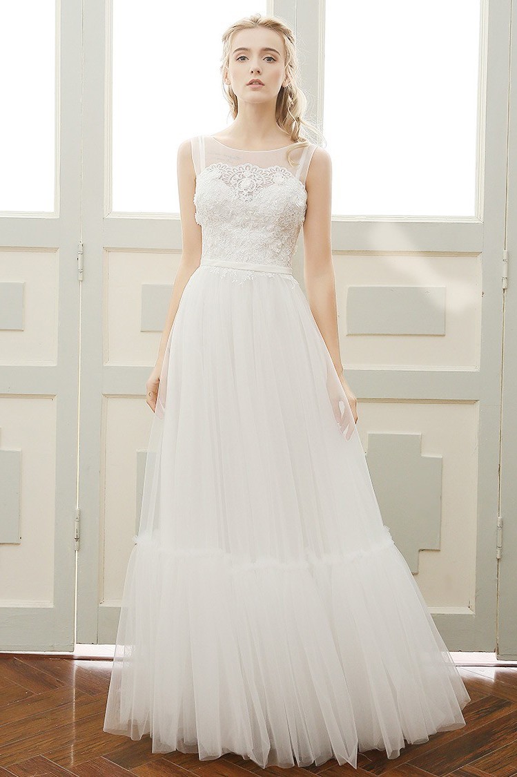 Bateau Neckline Low V Back Sleeveless Lace Tulle Outdoor ...