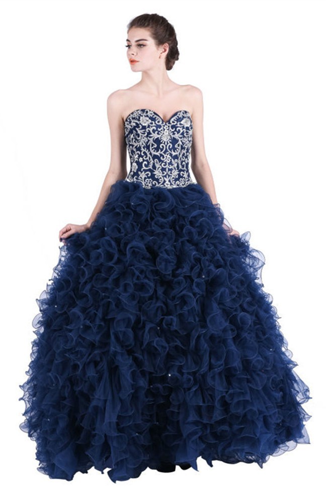 Beautiful Ball Gown Sweetheart Navy Blue Tulle Ruffle Embroidery Beautiful Ball Gown Sweetheart Navy Blue Tulle Ruffle Embroidery Corset Prom Dress