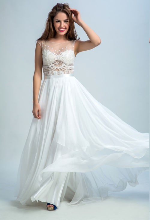 Beautiful Sheer Neckline Open Back White Tulle Lace Chiffon Flowing Beautiful Sheer Neckline Open Back White Tulle Lace Chiffon Flowing Prom Dress