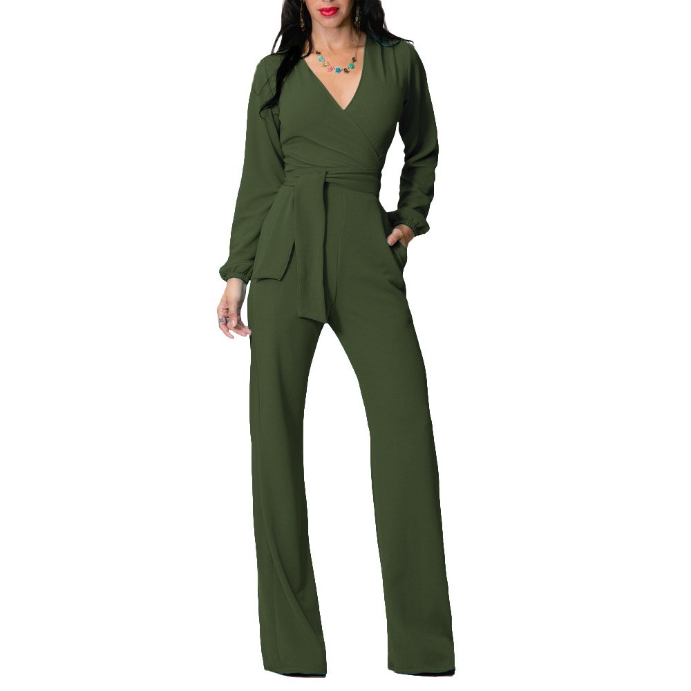 Casual V Neck Long Sleeve Olive Green Stretch Women Jumpsuit With Sash