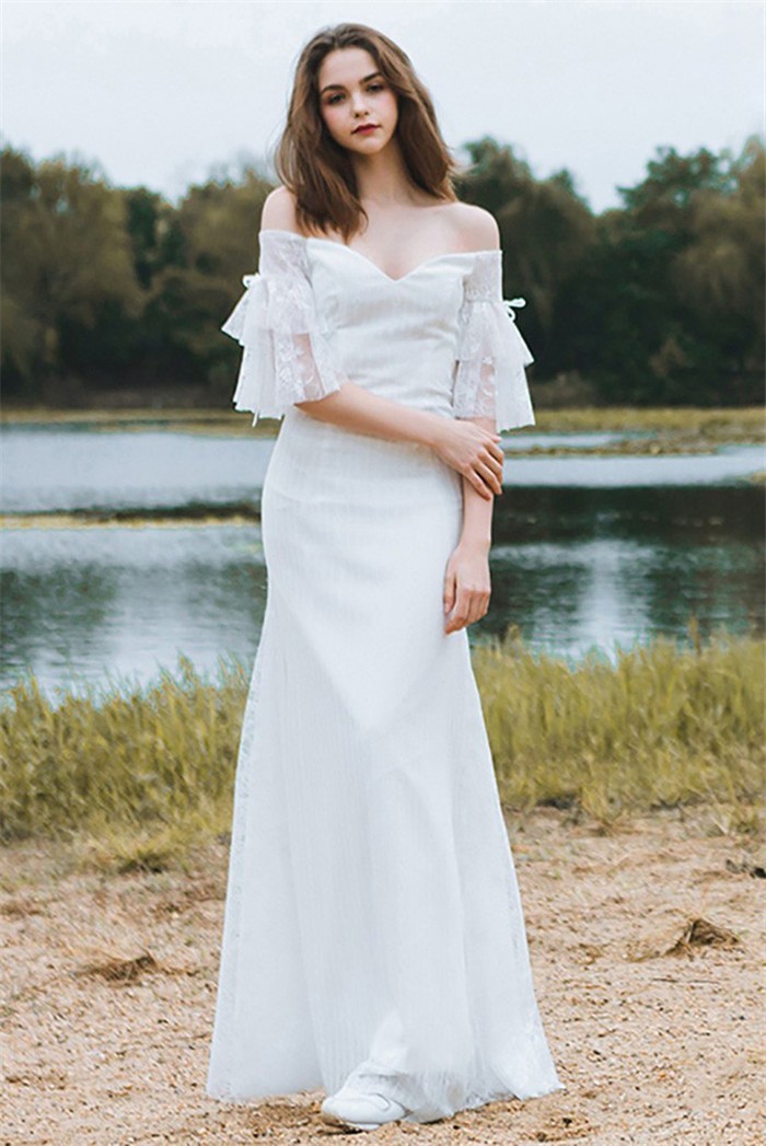 Charming Off The Shoulder Lace Bohemian Wedding Dress With