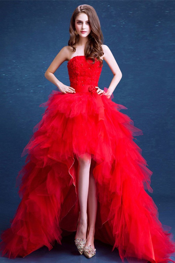 red strapless formal gown