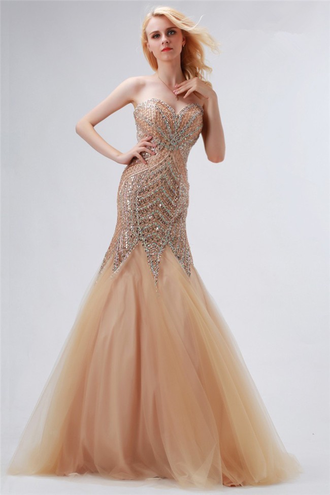 Chic Trumpet Mermaid Sweetheart Champagne Tulle Beaded Prom Dress