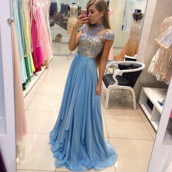 blue high neck long sleeve dress