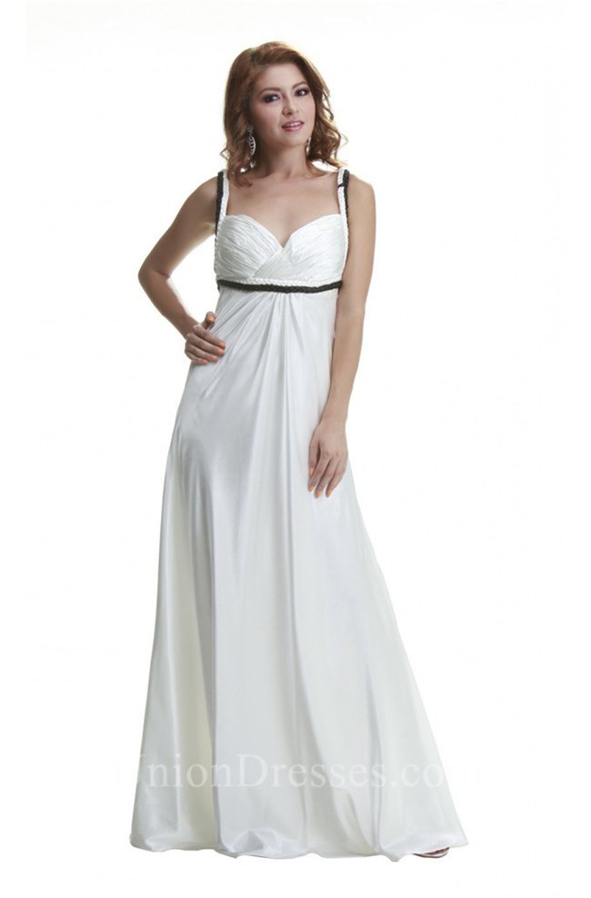 Elegant Sheath Empire Waist White Silk Ruched Evening Dress Black Straps