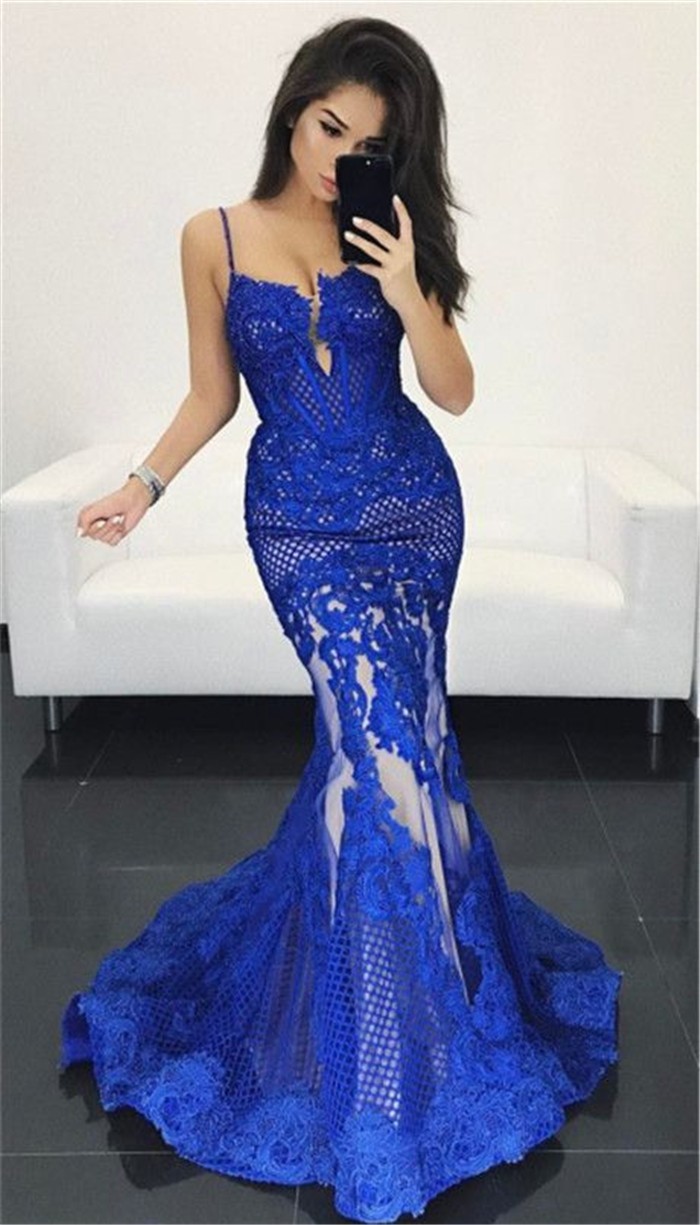 Gorgeous Mermaid Sweetheart Spaghetti Straps Royal Blue Mesh Lace Prom