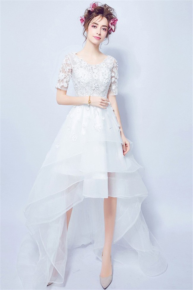 High Low Short Lace Sleeve Organza Ruffle Outdoor Beach Wedding