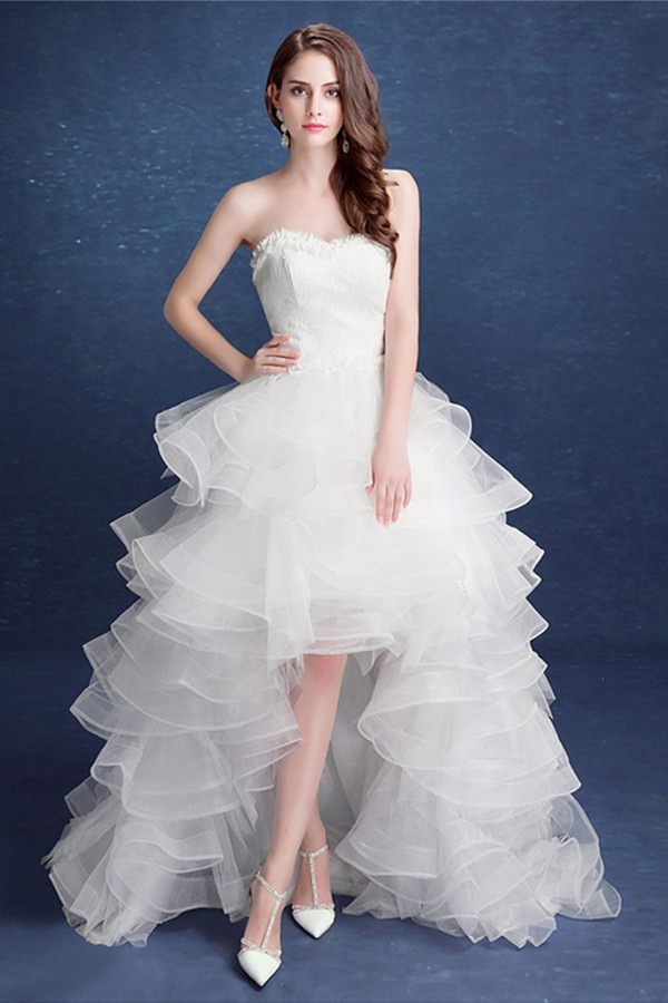 Lovely Strapless Organza Ruffle High Low Outdoor Wedding Dress Corset Back