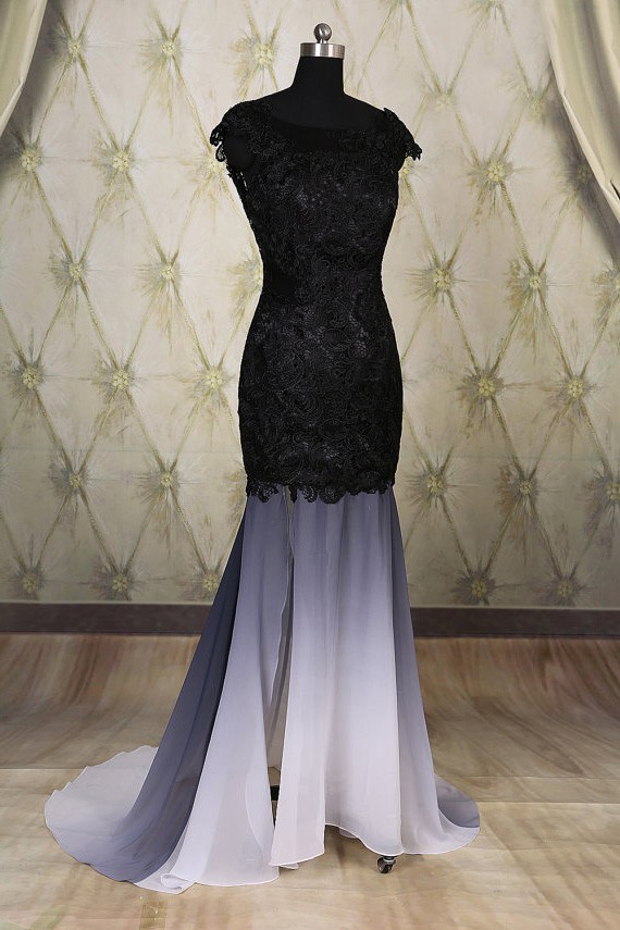 Mermaid Backless Cap Sleeeve Black And White Ombre Chiffon Lace Mermaid Backless Cap Sleeeve Black And White Ombre Chiffon Lace Evening Dress