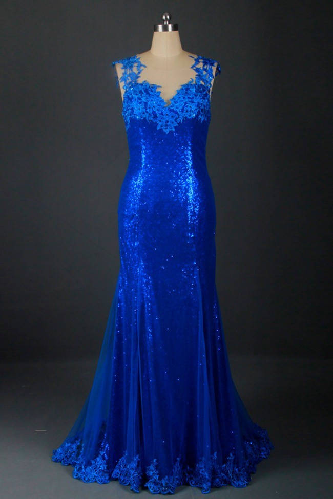 Mermaid Illusion Neckline Sheer Back Royal Blue Sequin Lace Prom Dress