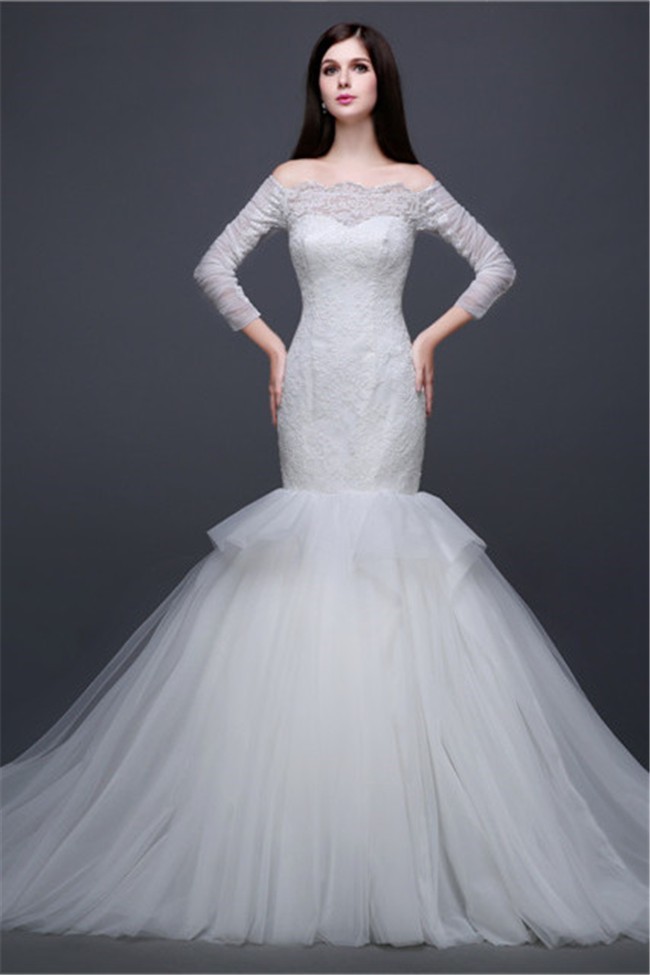 Mermaid Off The Shoulder Lace Tulle Wedding Dress With 3 4 Sleeves
