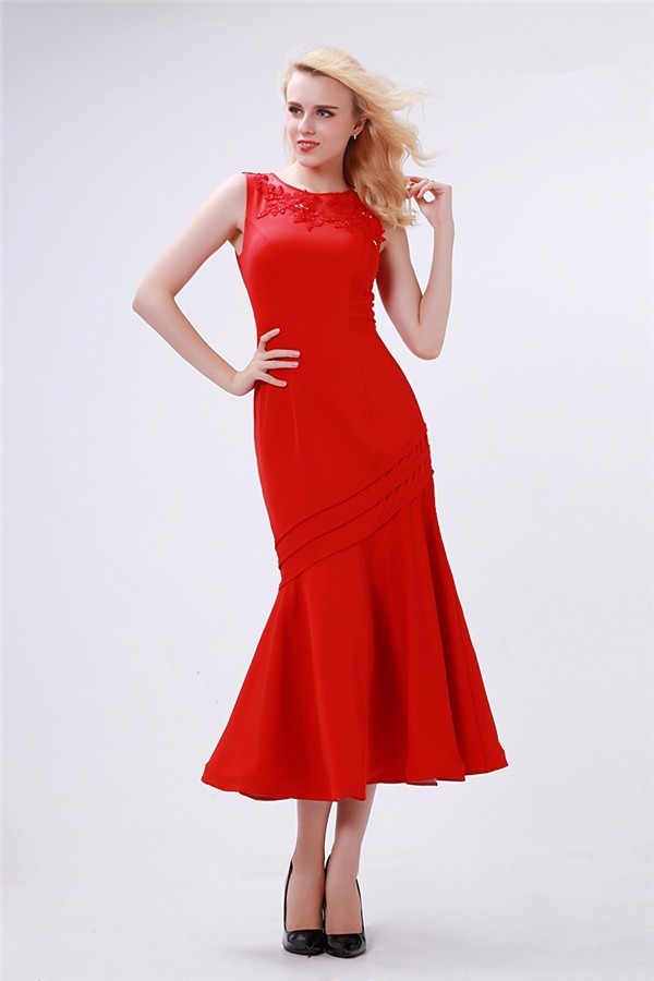 Modest Scoop Neck Tea Length Red Chiffon Special Occasion ...