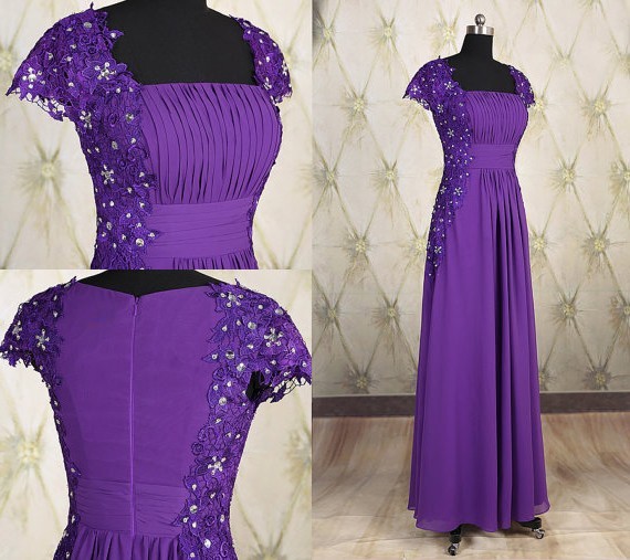 Modest Sheath Square Neck Cap Sleeve Long Purple Chiffon Lace Beaded ...