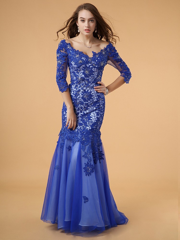 A Line Off The Shoulder Dusty Blue Lace Tulle Prom Dress 