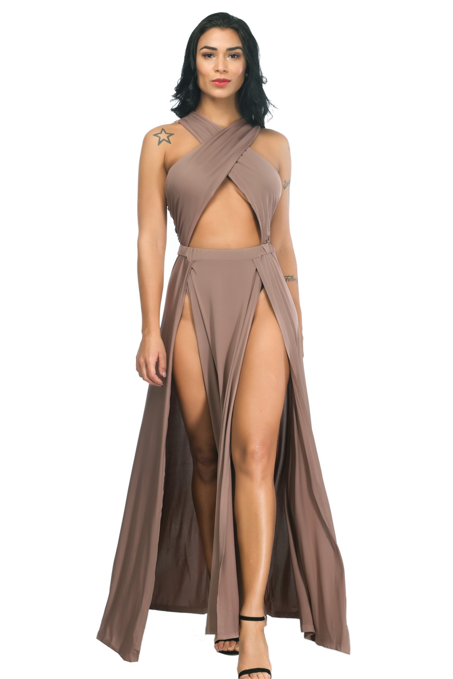 Sexy Open Front High Slit Black Stretch Silk Evening Prom Dress