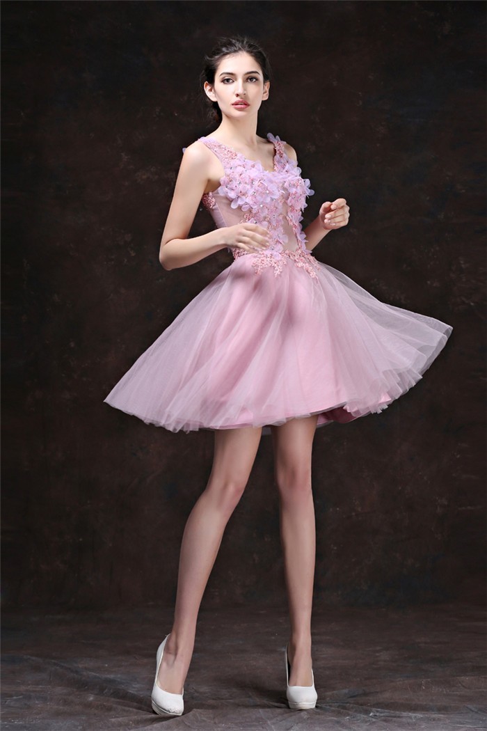 Sexy V Neck Short Dusty Pink Tulle Flower Cocktail Prom Dress Lace Up Back