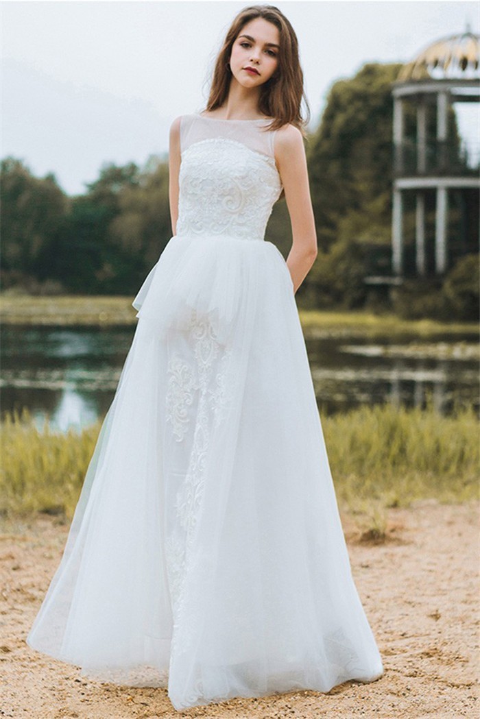 Sheath Bateau Neckline Sleeveless Tulle Lace Bohemian Beach Wedding
