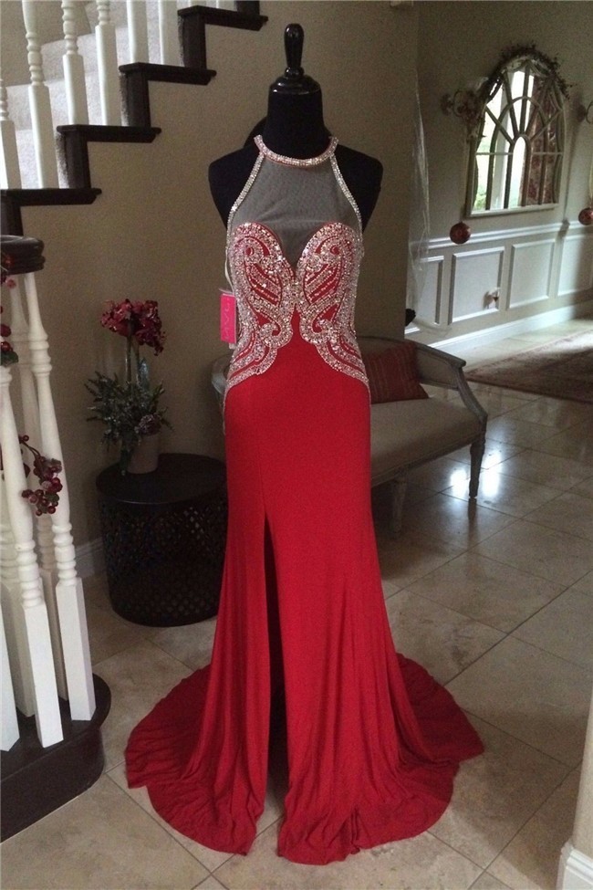 Halter Open Back Long Red Chiffon Beaded Special Occasion 