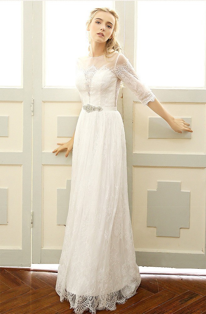 Sheath Round Neck Lace Sleeve Boho Outdoor Garden Wedding ...