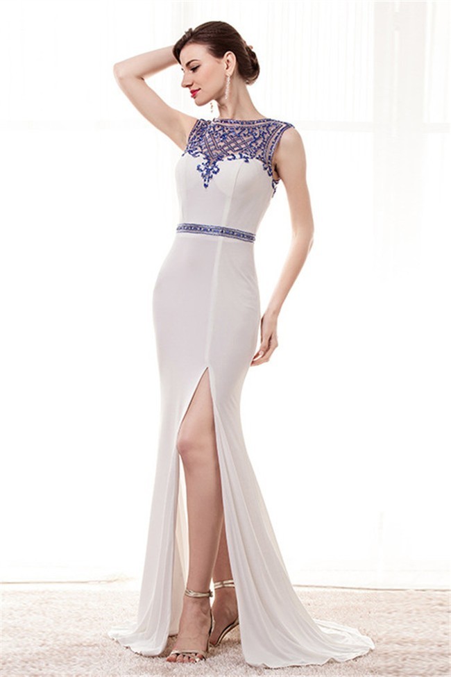 Sheath Sleeveless Side Slit White Chiffon Royal Blue Beaded Prom Dress