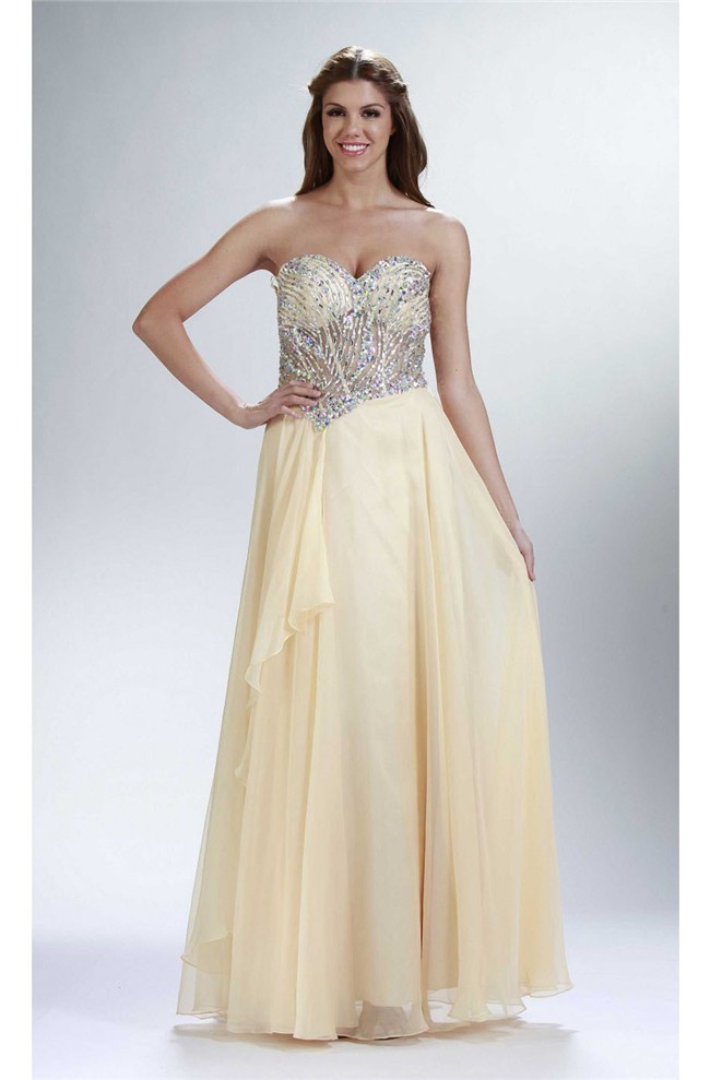 Sheath Strapless Long Pale Yellow Chiffon Beaded Sheer
