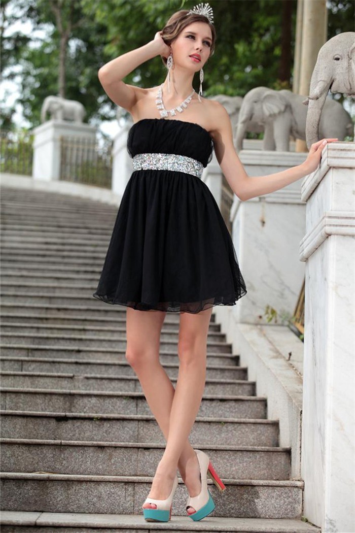 Simple Strapless Empire Waist Short Mini Black Tulle Beaded Cocktail