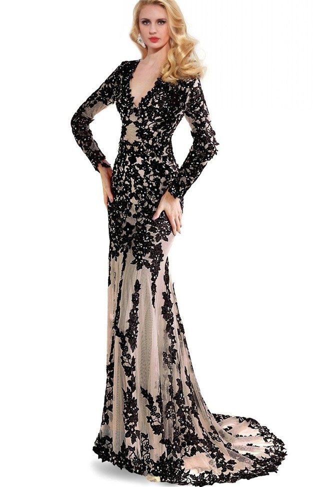 Black Lace Prom Dress Floor Length,Black Lace High Neck 