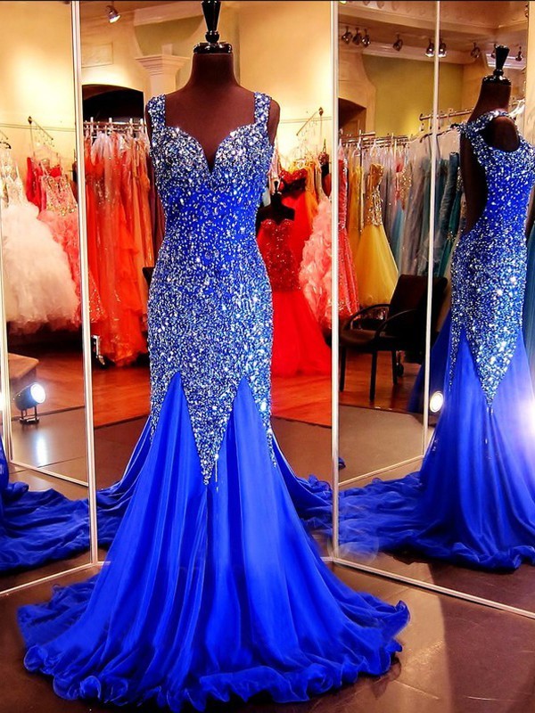 Sparkly Mermaid Sweetheart Open Back Royal Blue Tulle Beaded Prom Dress