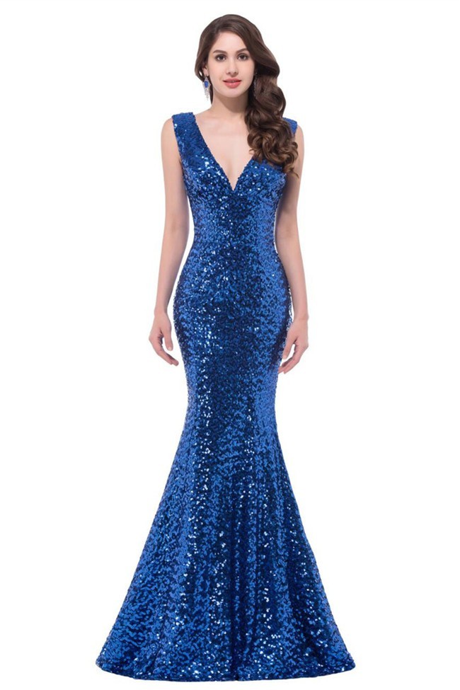 Sparkly Mermaid V Neck Corset Royal Blue Sequin Prom Dress