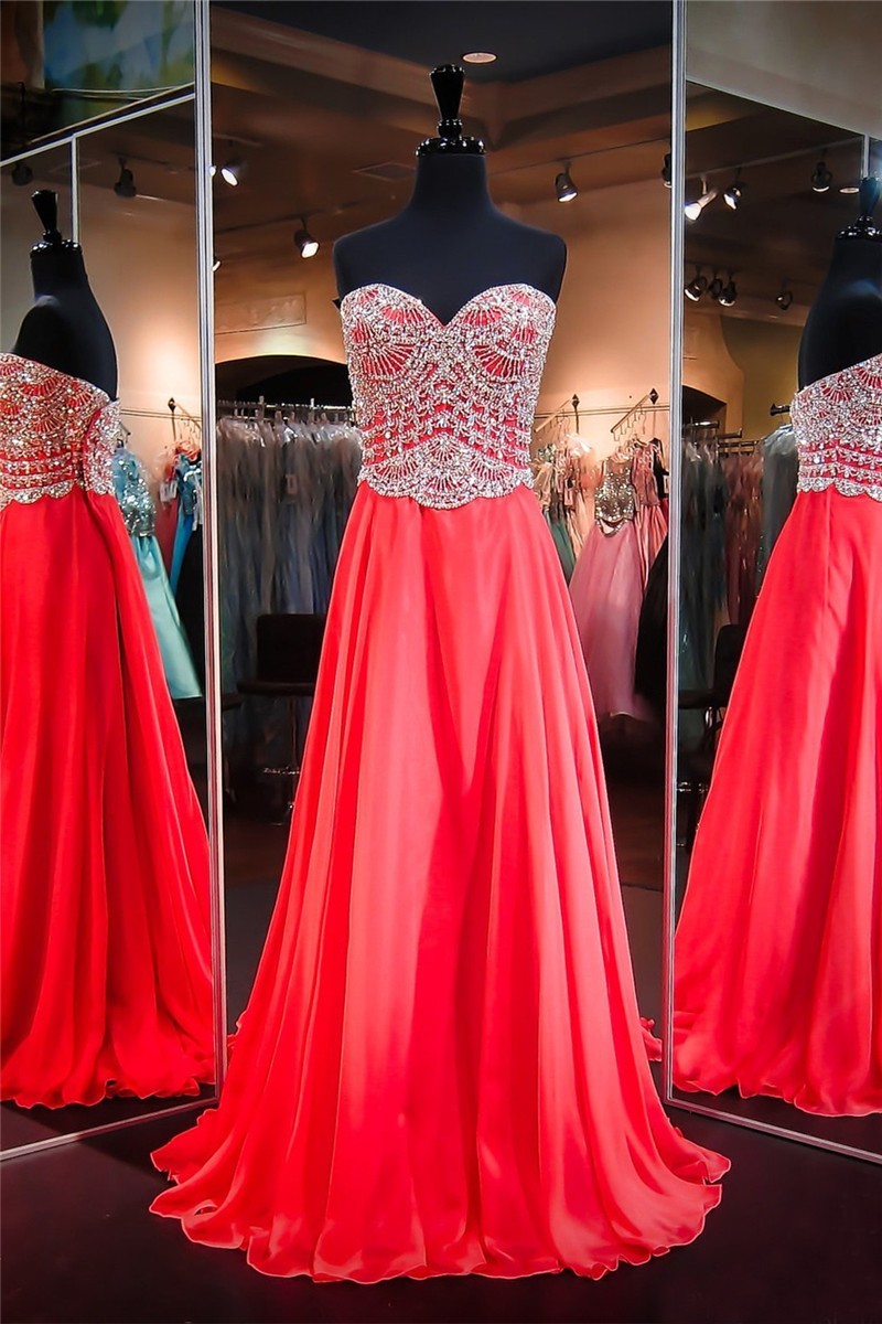 Sparkly Sweetheart Long Red Chiffon Beaded Prom Dress