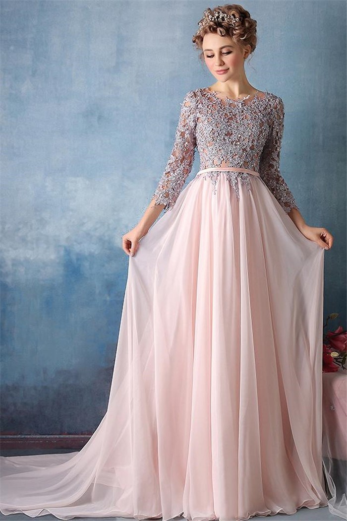 three quarter sleeve evening gowns