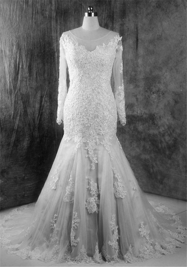 Vintage Mermaid Illusion Neckline Long Sleeve Lace Wedding Dress