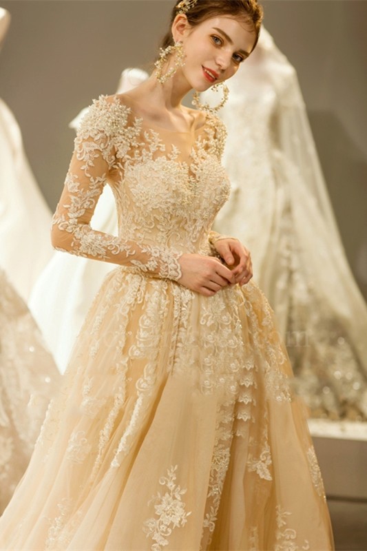 beaded lace a line wedding gown