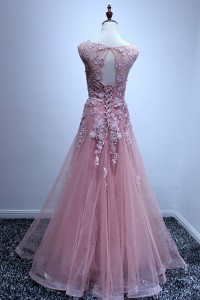 tulle applique prom lace pink light dress bateau neck line open
