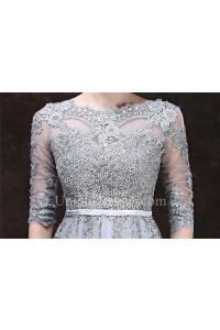 silver tulle sleeves prom belt evening lace dress neck line