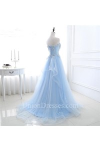 ruffle tulle applique corset beaded prom light dress sweetheart line