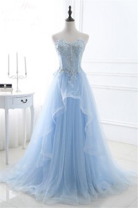 prom dress light tulle corset applique line ruffle sweetheart beaded