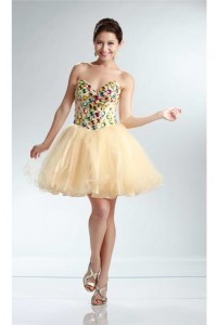 strapless tulle beaded prom cocktail short gold light dress puffy
