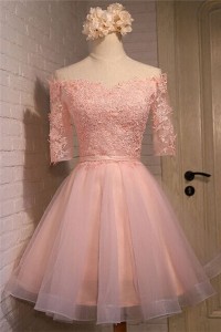 dress pink homecoming dresses lace short prom blush tulle sleeve sleeves shoulder line sexy robe graduation elbiseleri half elbiseler demoiselle